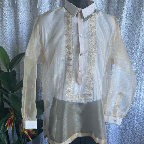 Beige/cream Pina Organza Men’s Traditional Barong Tagalog w/ Classic Embroidery - Picture 3 of 11